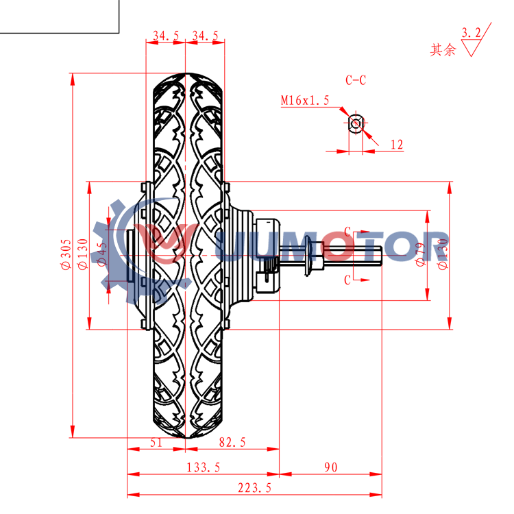 12 inch single shaft electric wheelchair motor drawing
