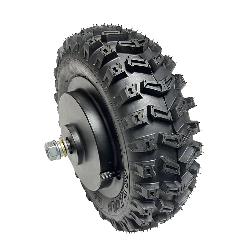 Front view of 10 inch 48V brushless geared hub motor with off-road tire for low-speed electric carts