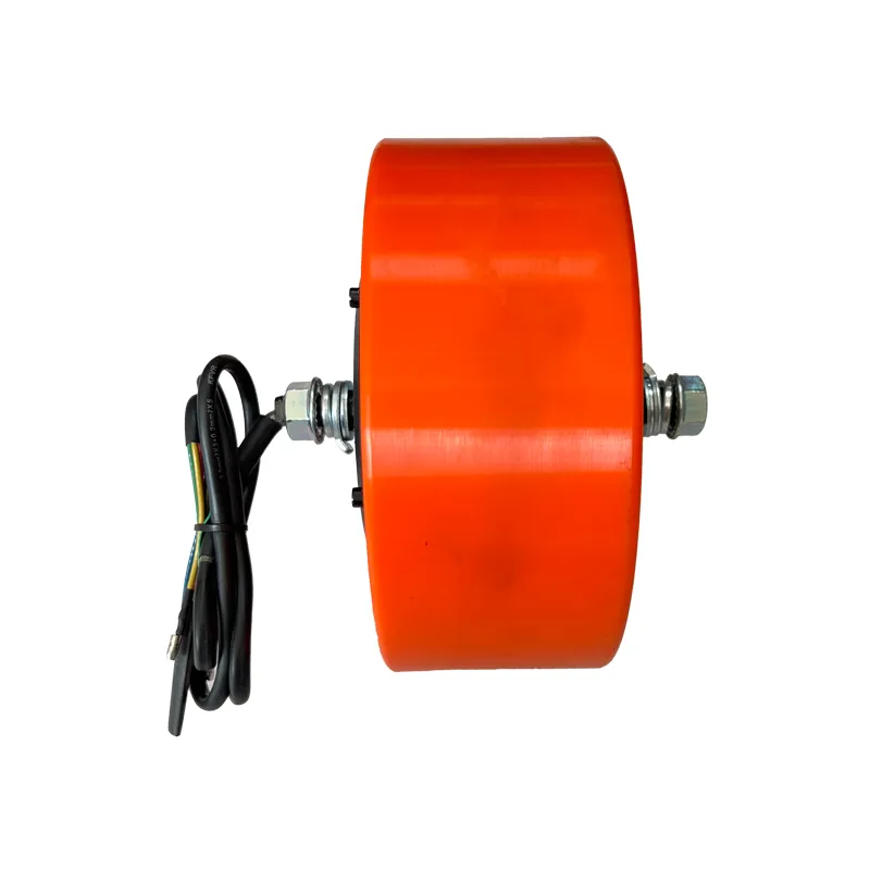 8 inch industrial servo wheel motor with durable solid PU tire, 1024 line encoder and brushless direct drive design for AGVs, AMRs, service robots and automated guided vehicles.